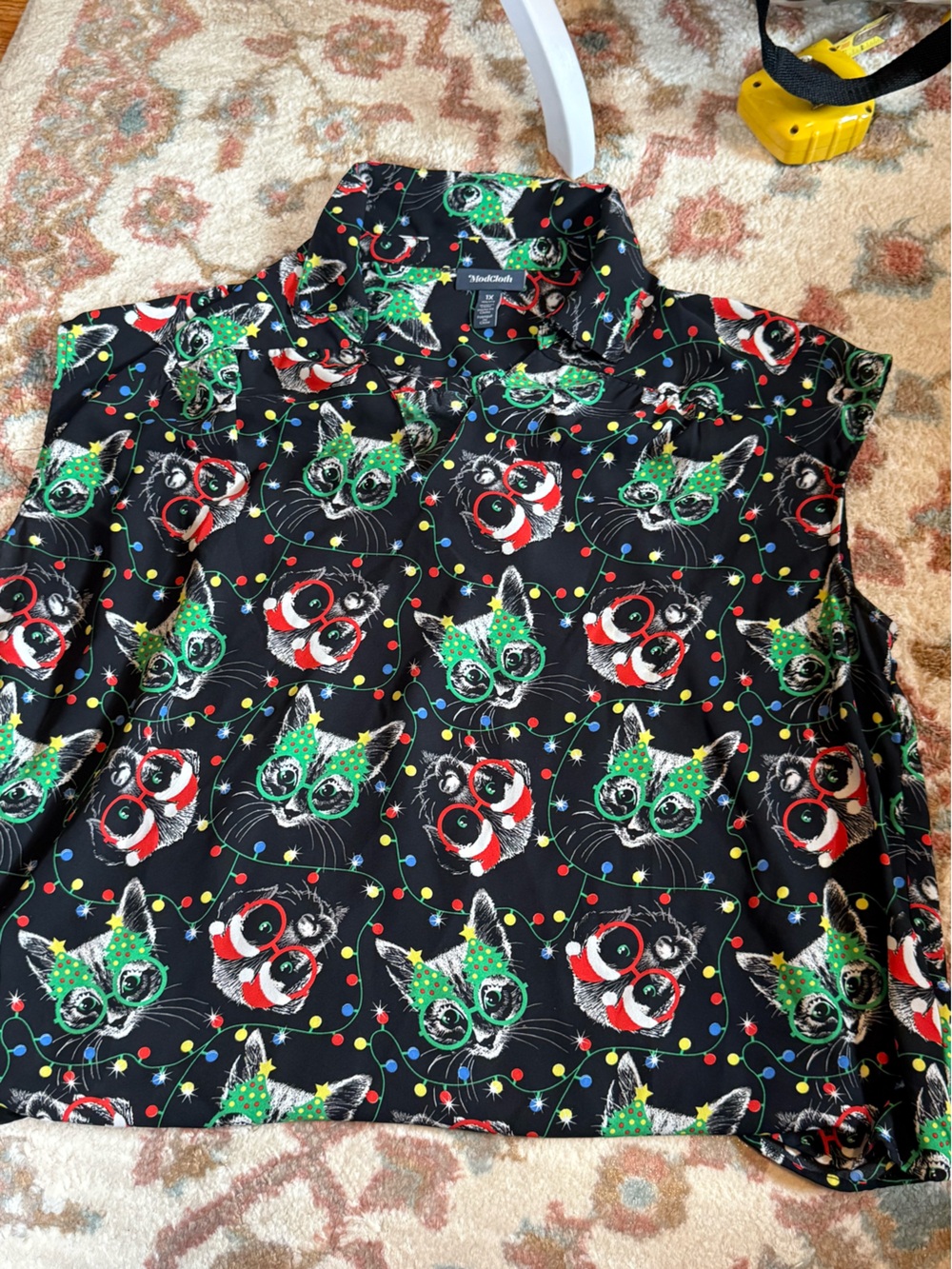 Mod cloth Holiday cat & dog Print Blouse Festive Glasses Christmas short sleeve